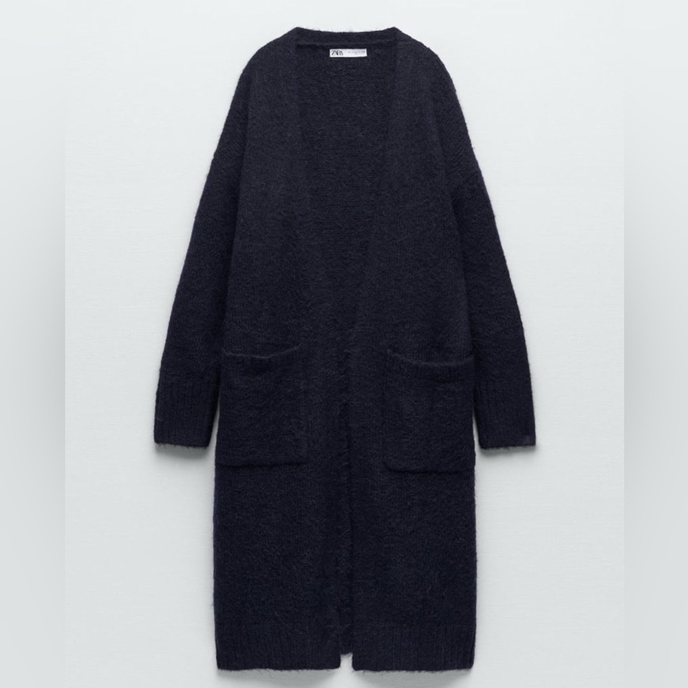 New Zara $69 Wool Blend Navy Blue Long Cardigan with Pockets Medium Large - Picture 3 of 13